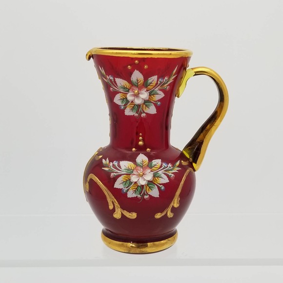 Ruby Red Glass Handpainted Miniature Vase Pitcher Gold Floral Italian Vintage - Picture 1 of 8